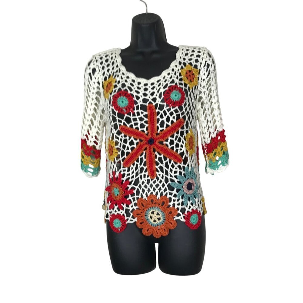 Textile Artist Crochet Floral Top Size M - Picture 3 of 5